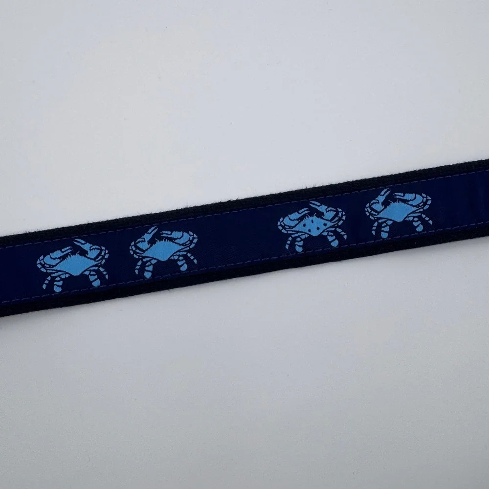 The Belted Cow Blue Crab Canvas Belt Men‎ 46 Navy Leather Trim Nautical Preppy